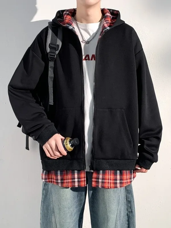 

American High Street Plaid Splicing Open Cardigan Jaet Hip And Haome Hooded Men's Faion Spring Outerwear Coat