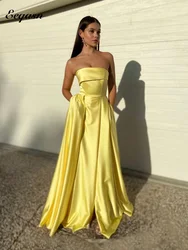 Robe de soirée en satin jaune personnalisée pour femmes, sans bretelles, longue ligne A, robes de Rh, gala, célébrité, robe formelle avec poches, 2025