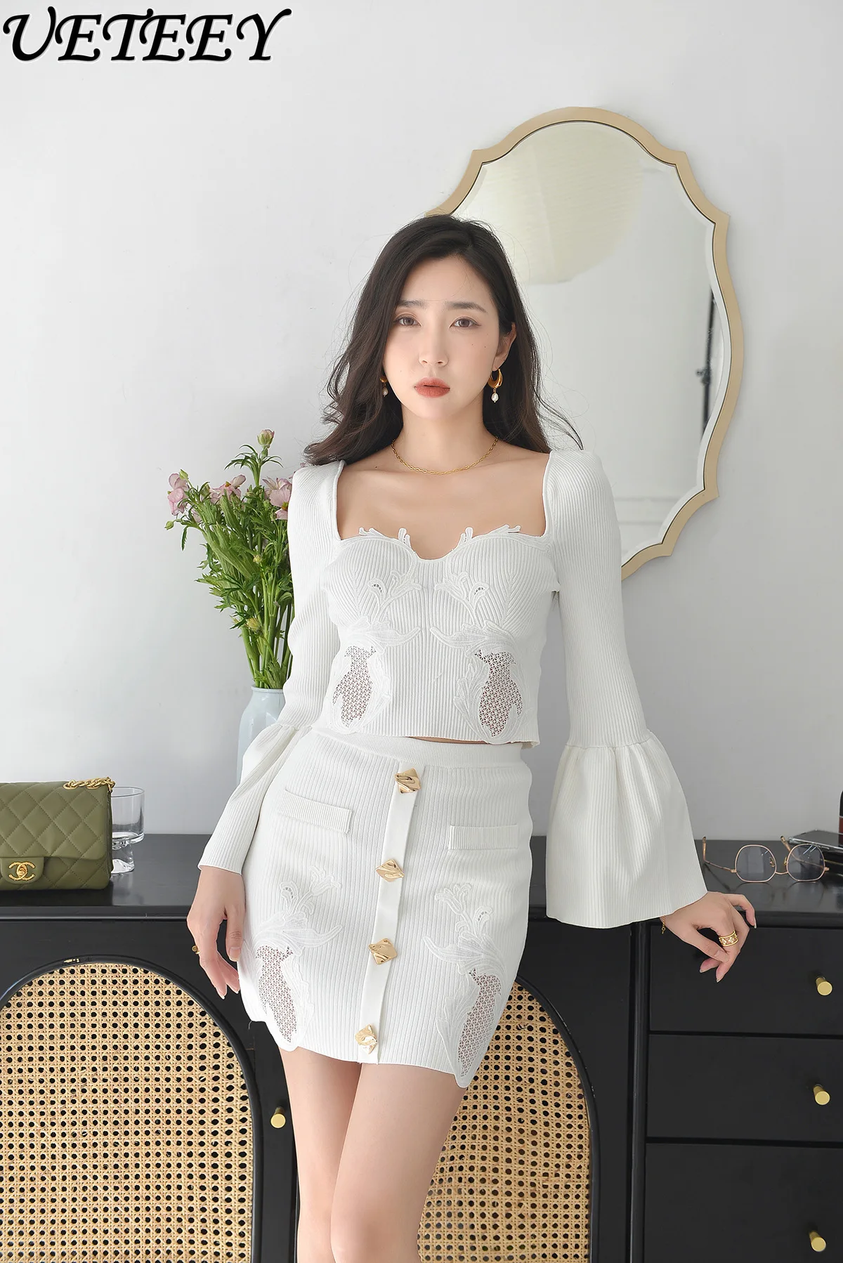 Spring Autumn New Solid Color Square Neck Flared Sleeve Lace 3D Hollow Knitted Top and Short Skirt Slimming Set for Women