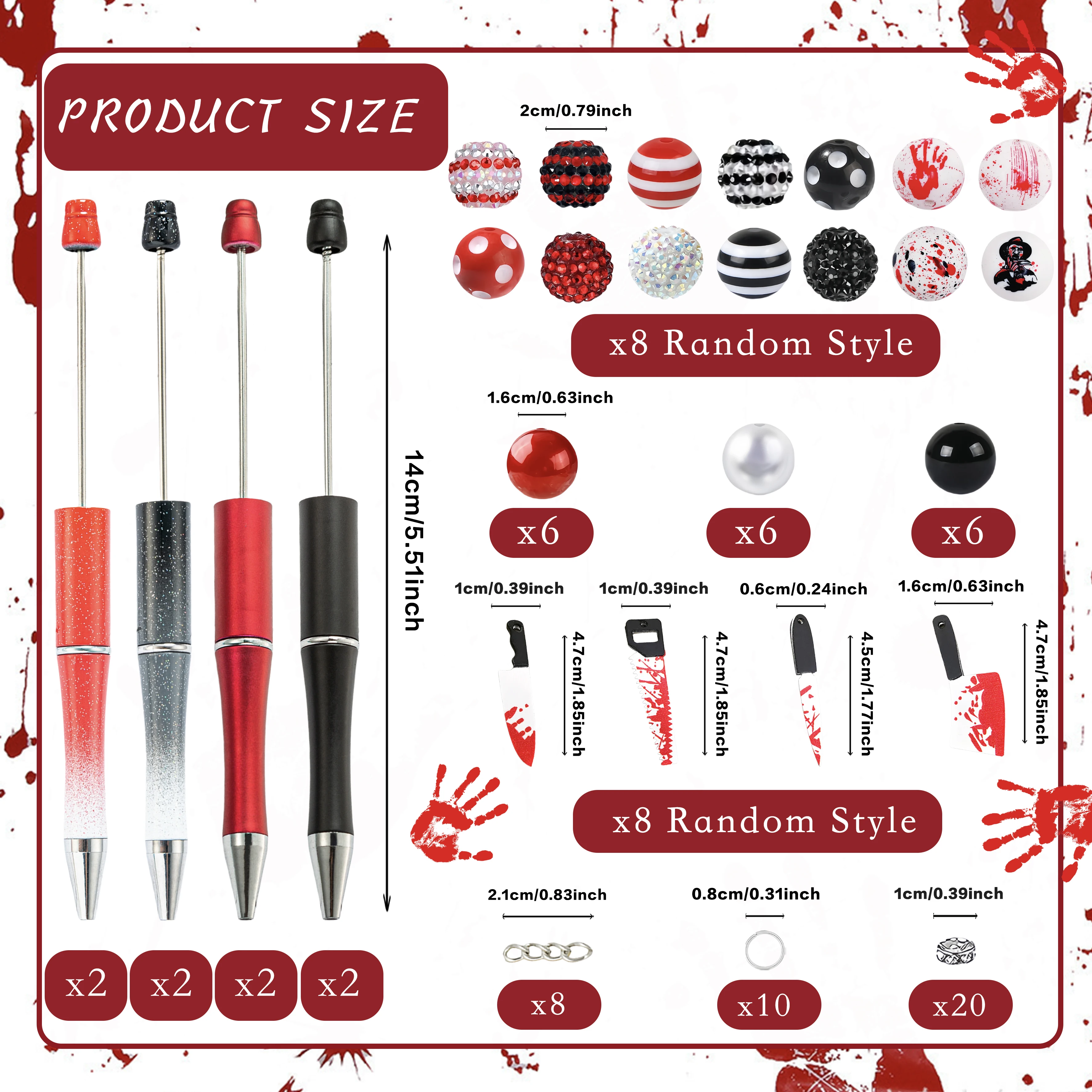8 قطعة رذاذ الدم الأحمر الأسود الرعب الدم هالوين لتقوم بها بنفسك حبة قلم حبر جاف وخرز أكريليك ومعلقات سكين المطبخ الأحمر
