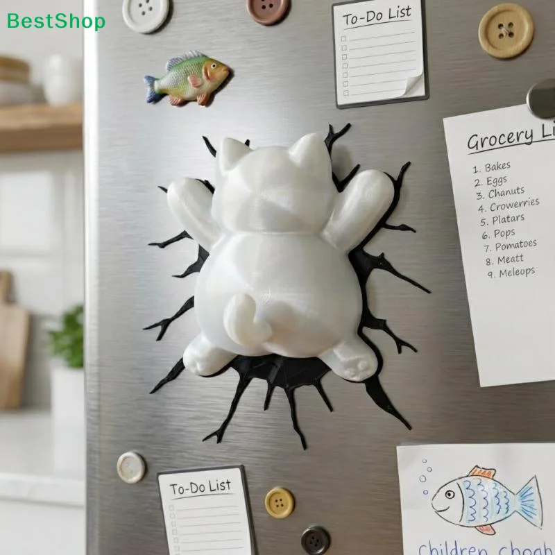 〔Q〕3D Printing Cartoon Cat Colliding Into A Wall Refrigerator Magnet Car Decoration Creativity Doll Collect Room Ornament Toy