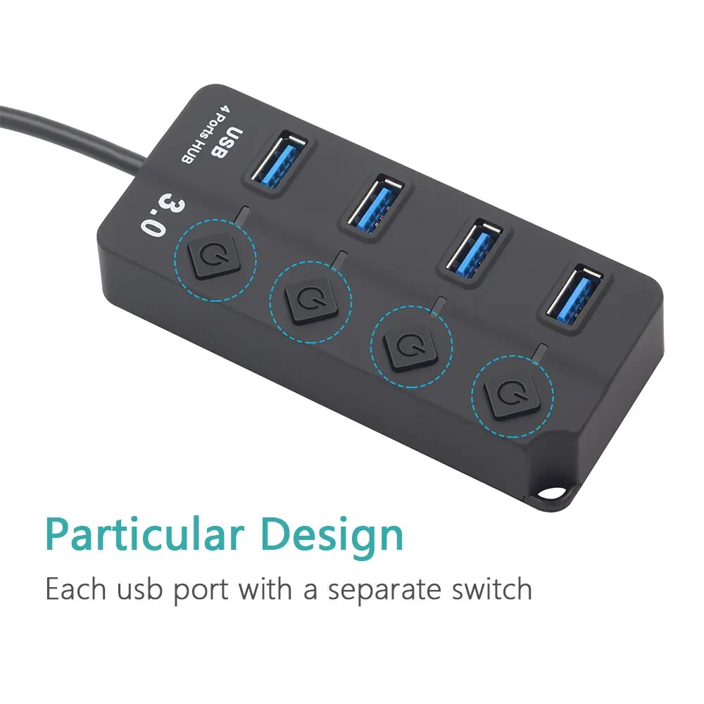 4-in-1 USB 3.0 Hub Splitter Multi-Port Adapter with Independent Power Switch 30CM Cable for USB 2.0 Extender