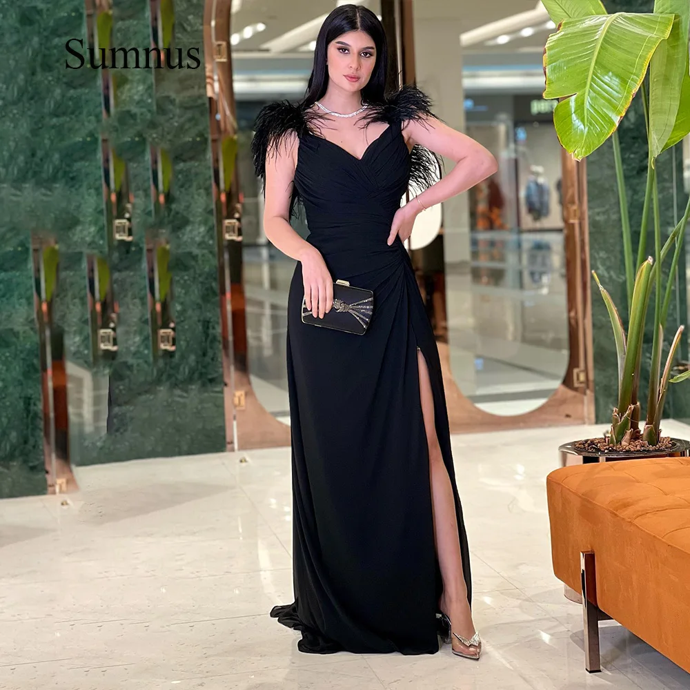 Sumnus Black Feather Straps Evening Dresses Side Split Sexy V Neck Pleats Chiffon Long Party Prom Dress Formal Robe de Soiree