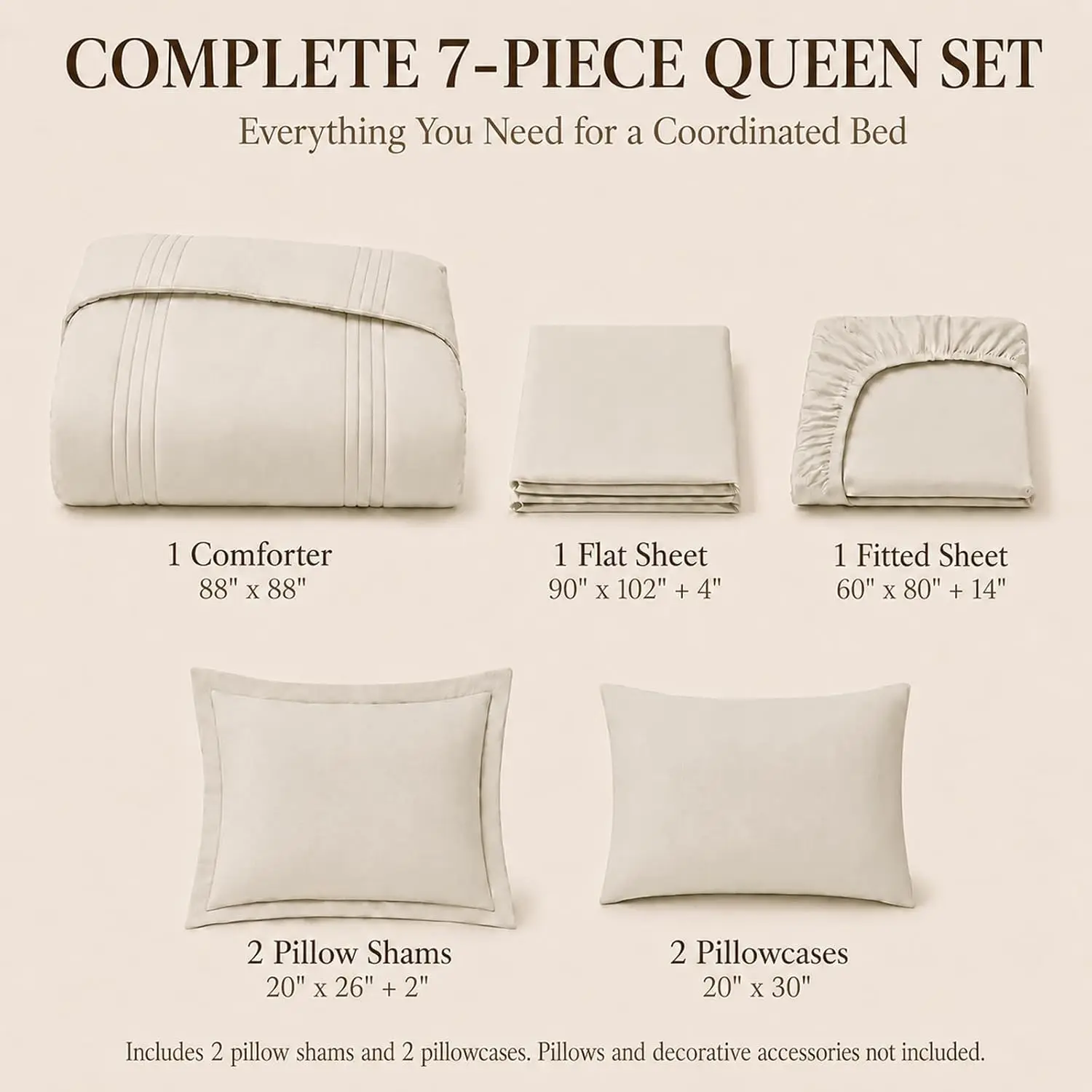 Cozylux Queen Comforter Set Beige - 7 Pieces Vertical Quilted Bed in a Bag