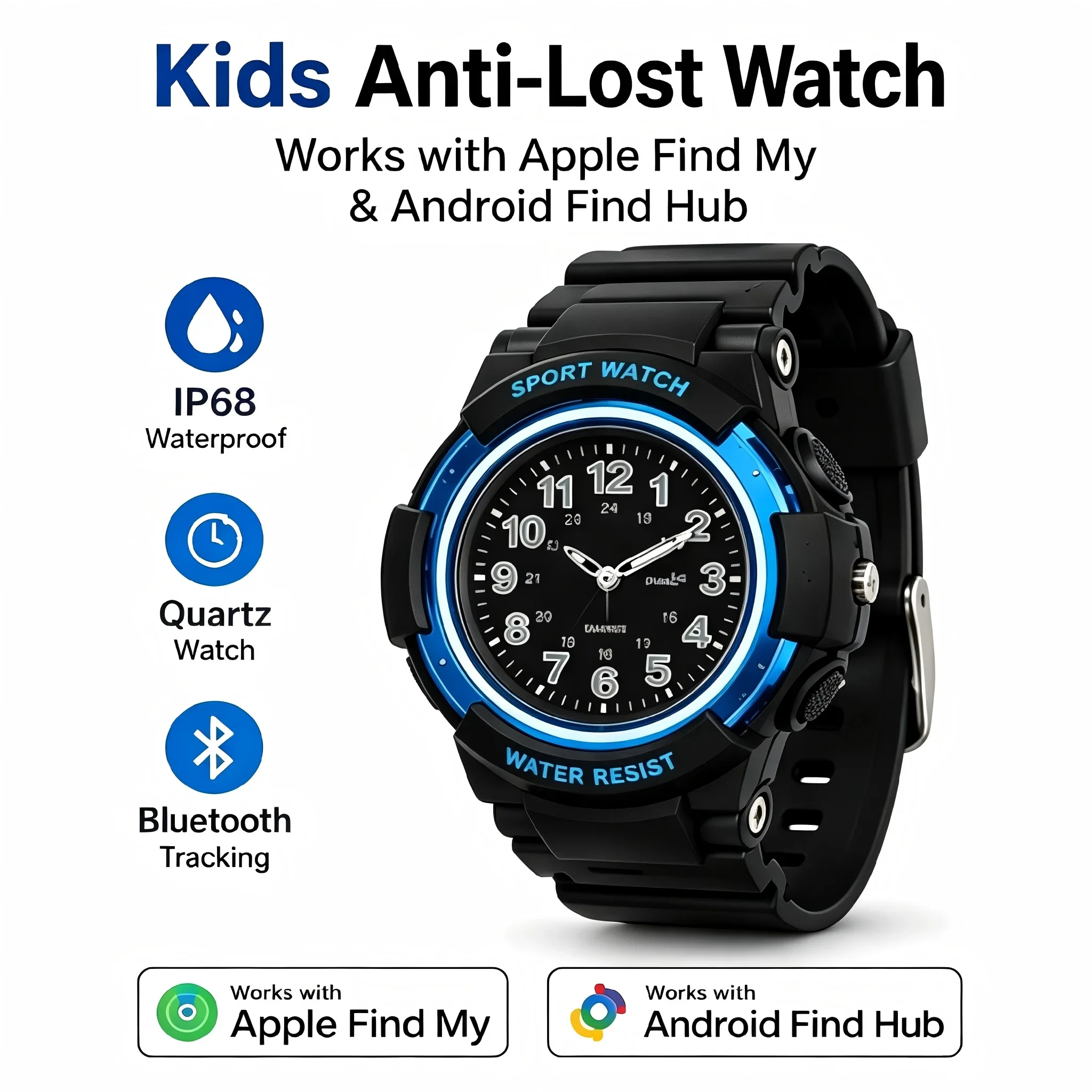 Kids Anti-Lost Watch with Apple Find My Android Find Hub Bluetooth Tracker Quartz Watch IP68 Waterproof No Subscription