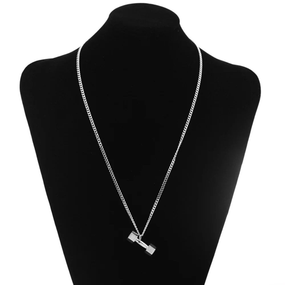 Hip-Hop-Hantel-Anhänger Lange Halskette Retro Silberfarben Edelstahl Herrenhalskette Einfache Pulloverkette Schmuck – Detail 4