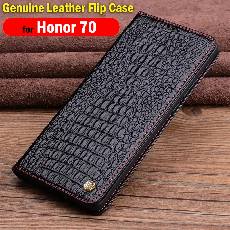 

Cow Leather Funda for Honor 70 Genuine Leather Flip Case for Honor 70 Case Crocodile pattern Flip Phone Cover