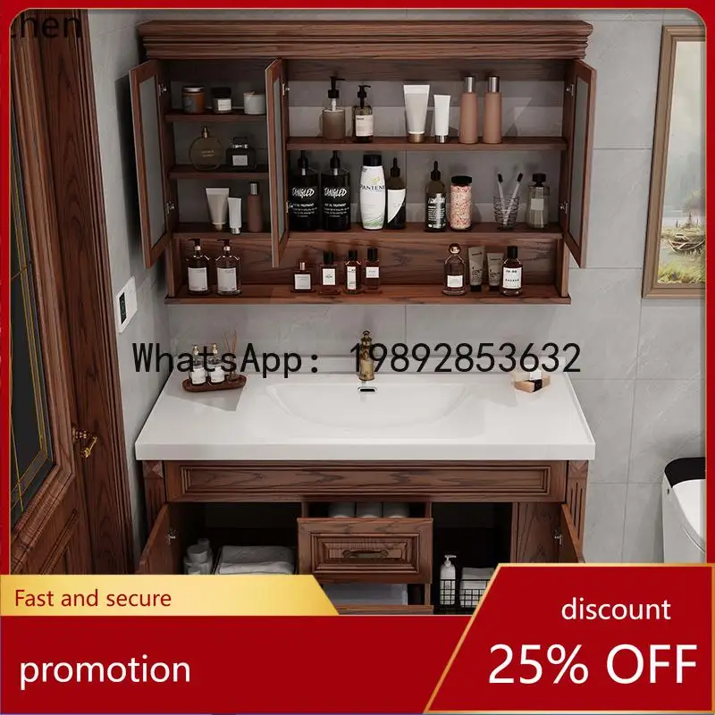 

HT Integrated Ceramic Basin Bathroom Cabinet Solid Wood Washstand Basin Cabinet Smart Bathroom Hanging Cabinet