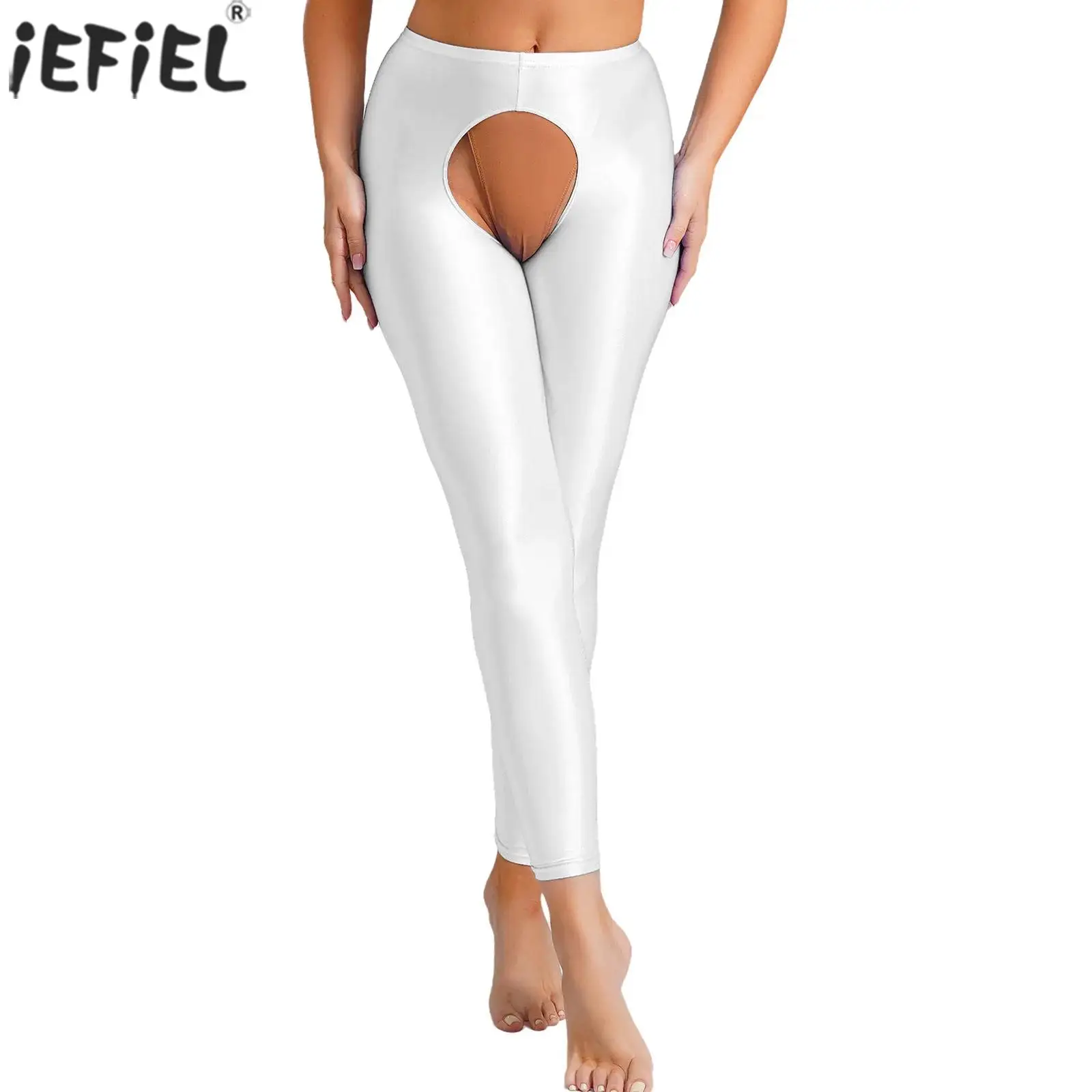 Yetişkin kadın iç çamaşırı Crothcless açık popo Legging yüksek bel Slim Fit parlak tayt pantolon erotik cazip porno külot