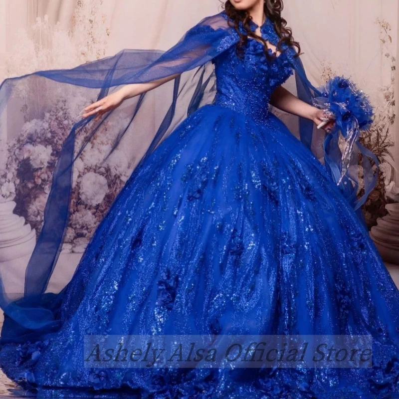 Ashely Alsa-Robe de Quinceanera bleu royal avec cape, robe de Rhflorale 3D, robes de fête d'anniversaire pour filles, 16 VX, nouveau