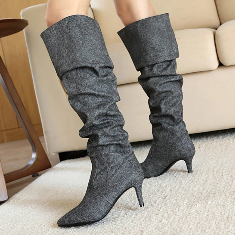 

Pleated Knee High Boots Female Elegant High Boots for Women 2025 New Autumn Winter Grey Blue Heels Long Shoes Ladies Big Size 45