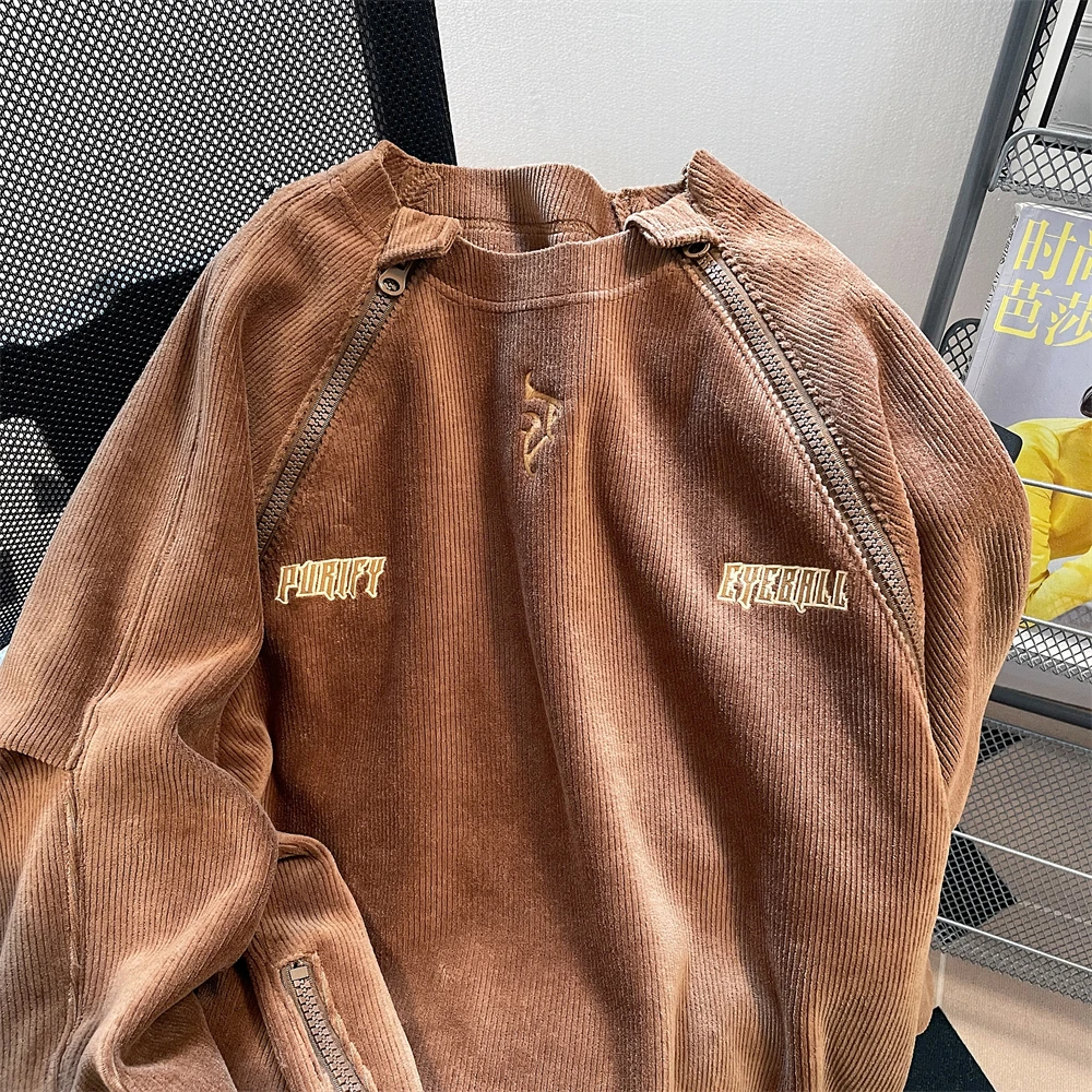 Brown Corduroy Sweatshirt Women Vintage Hooded Coat Long Sleeve Streetwear Fashion Casual Y2K Style Winter Female Plush Tops