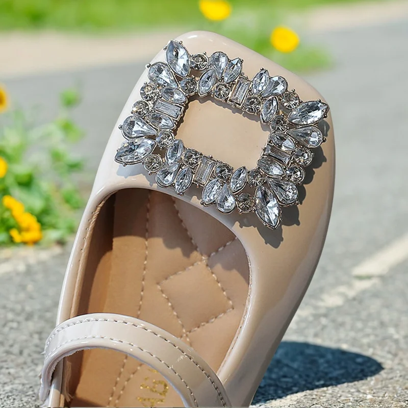 Girl's Rhinestone Square Buckle Girls' Princess Shoes 2025 New Lacquer Leather Head Flat Bottom Grandma Shoes Children's Single