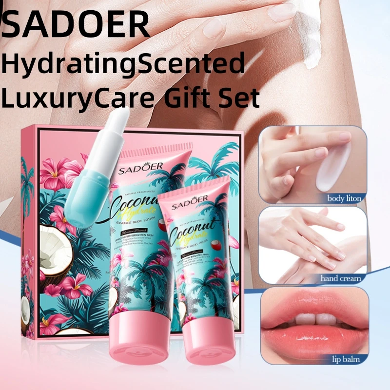 Sadoer Coconut Water Fragrance Luxury Gift Set, Includes Body Lotion 100g, Hand Cream 30g, Lip Balm 3.8g, Rich in Coconut Extract, with a Fresh Natural Coconut Scent, Deeply Moisturizes and Firms, Nourishes the Skin, Improves Dry and Rough Skin Condition, and Creates Soft and Smooth Skin The Product Comes with a Gift Box, Making It a Perfect Gift for Your Mother or Girlfriend.