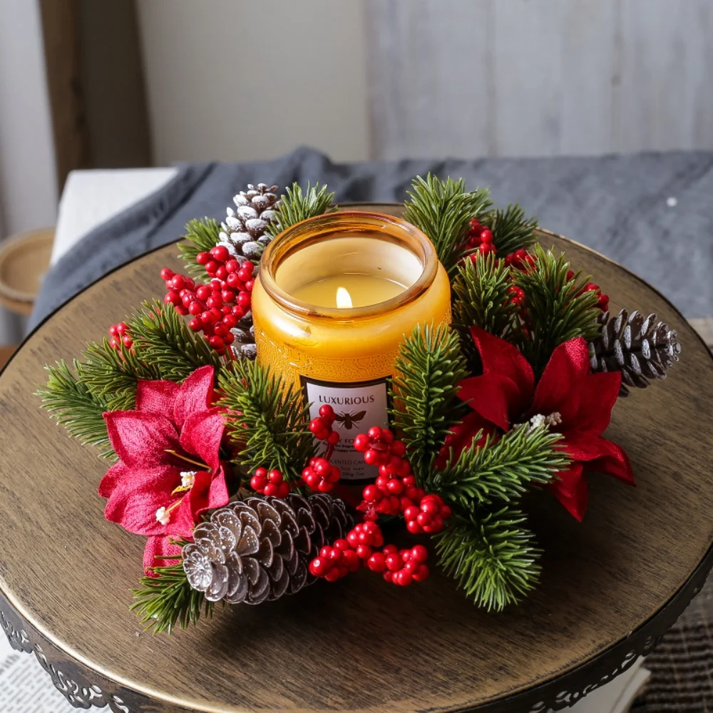 Christmas Candlestick Wreath Artificial Berry Garland Candle Ring Xmas Table Decoration Fake Leaves Wreath For Candle Holder