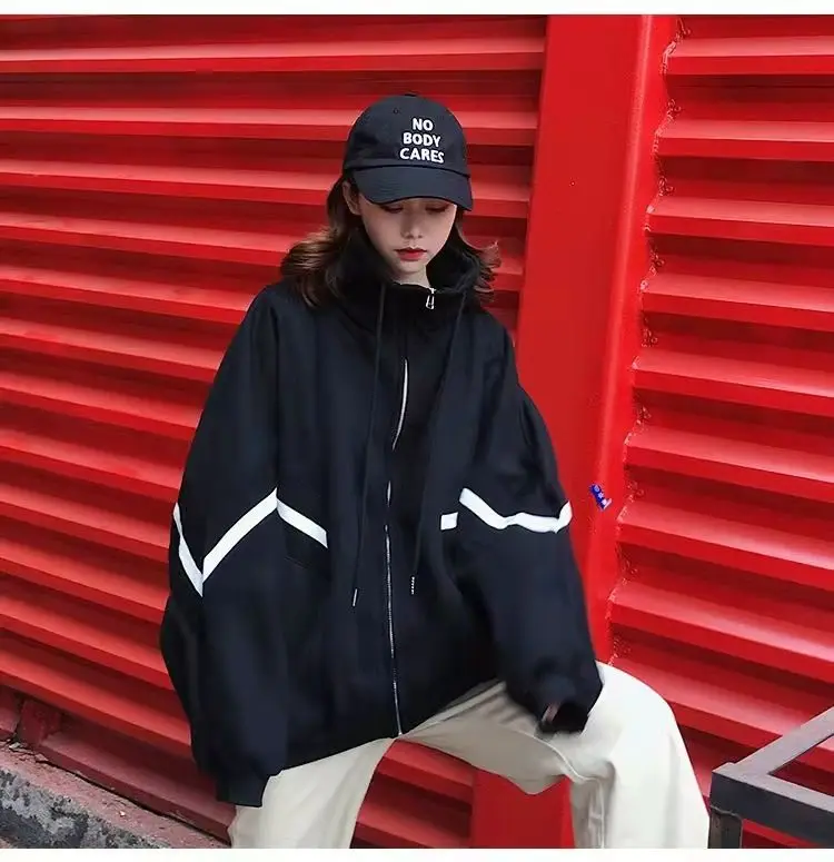 Y2k Hoodie Long Sleeve Kpop Harajuku Drawstring Pocket Sweatshirt 2025 Striped Oversized Zip Up Hoodies Women Retro Jackets