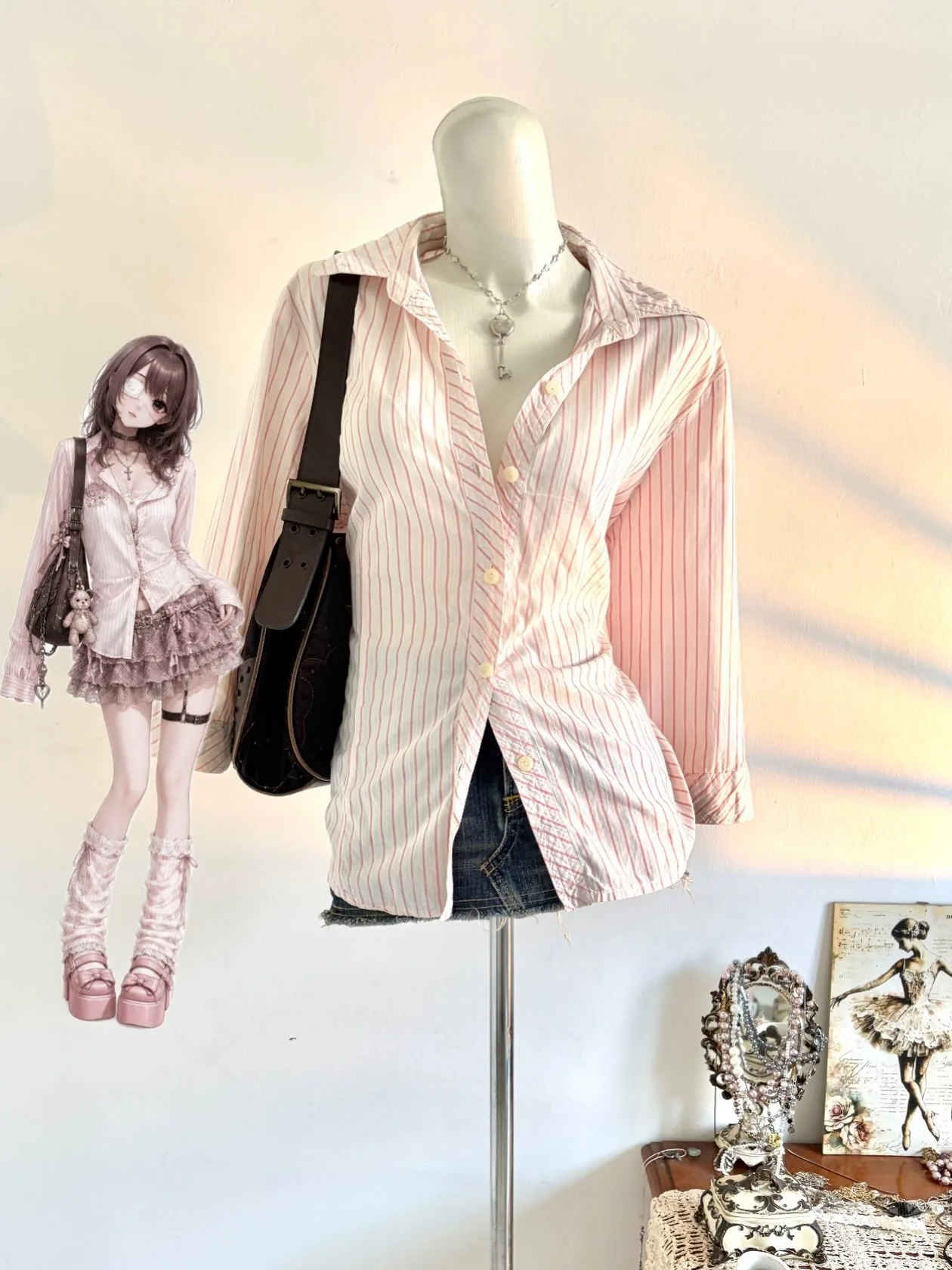 Y2K Coquette Pink White Striped Long Sleeve Shirt Women Drawstring Waist Lapel Slim Fit Vintage Blouse Tops