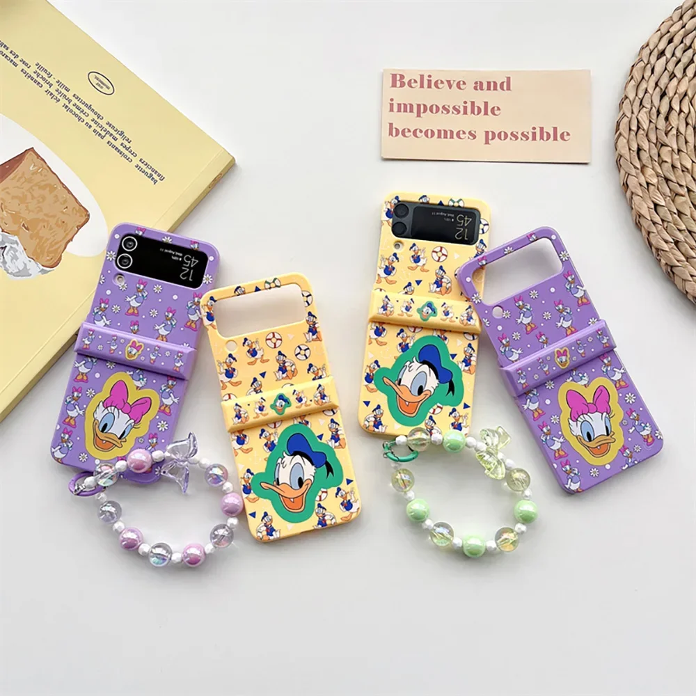 Disneies Daisy Donald Duck with Lanyard Phone Case for Samsung Galaxy Z Flip 3 4 Z Flip 5 6 5G PC Hard Anti-drop New Back Cover