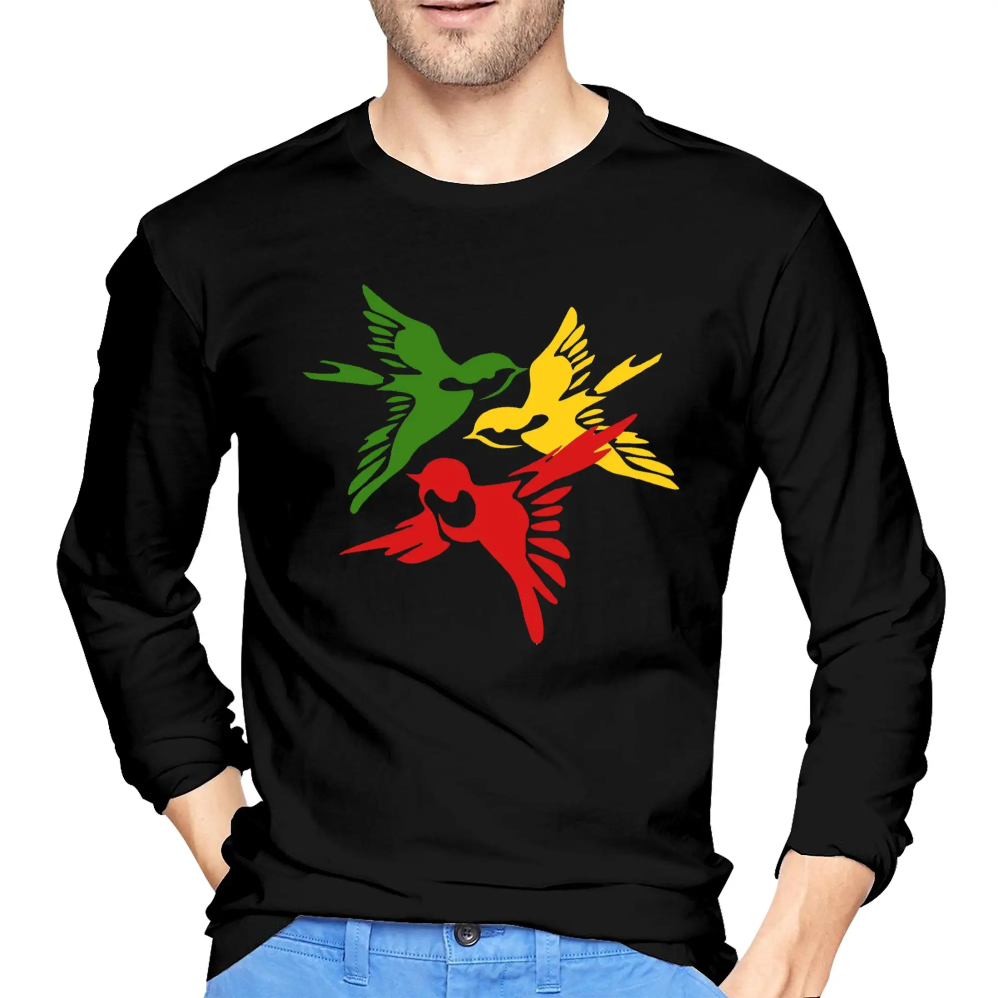 

Kawaii Three Little Birds Reggae Мужская футболка с длинными рукавами Дышащие футболки с круглым вырезом Весенние и осенние мужские топы