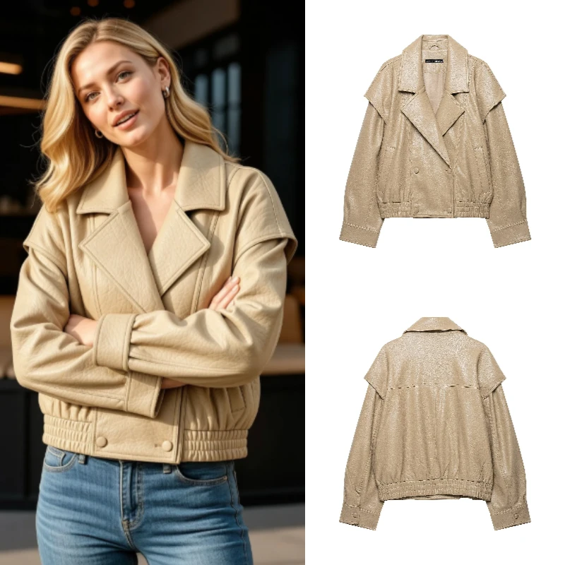 Women's Jacket 2026 Autumn New European-Style Faux Leather Fashion Beige Button Turn-Down Collar Stylish Unique Pilot Jacket