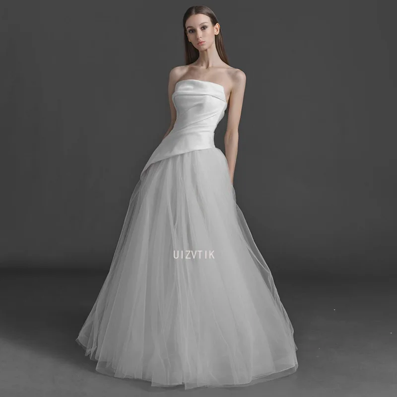 

A-line Wedding Dresses Women Photoshoot Strapless Patchwork Bridal Gown Customized Pleats Satin and Soft Tulle Bridal Dresses