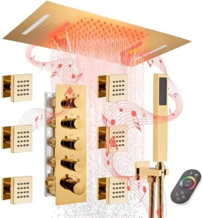 Gold Brushed Rain Shower Faucet Set 64-Color LED Music Thermostatic Waterfall 6 Spray Jets Ceiling