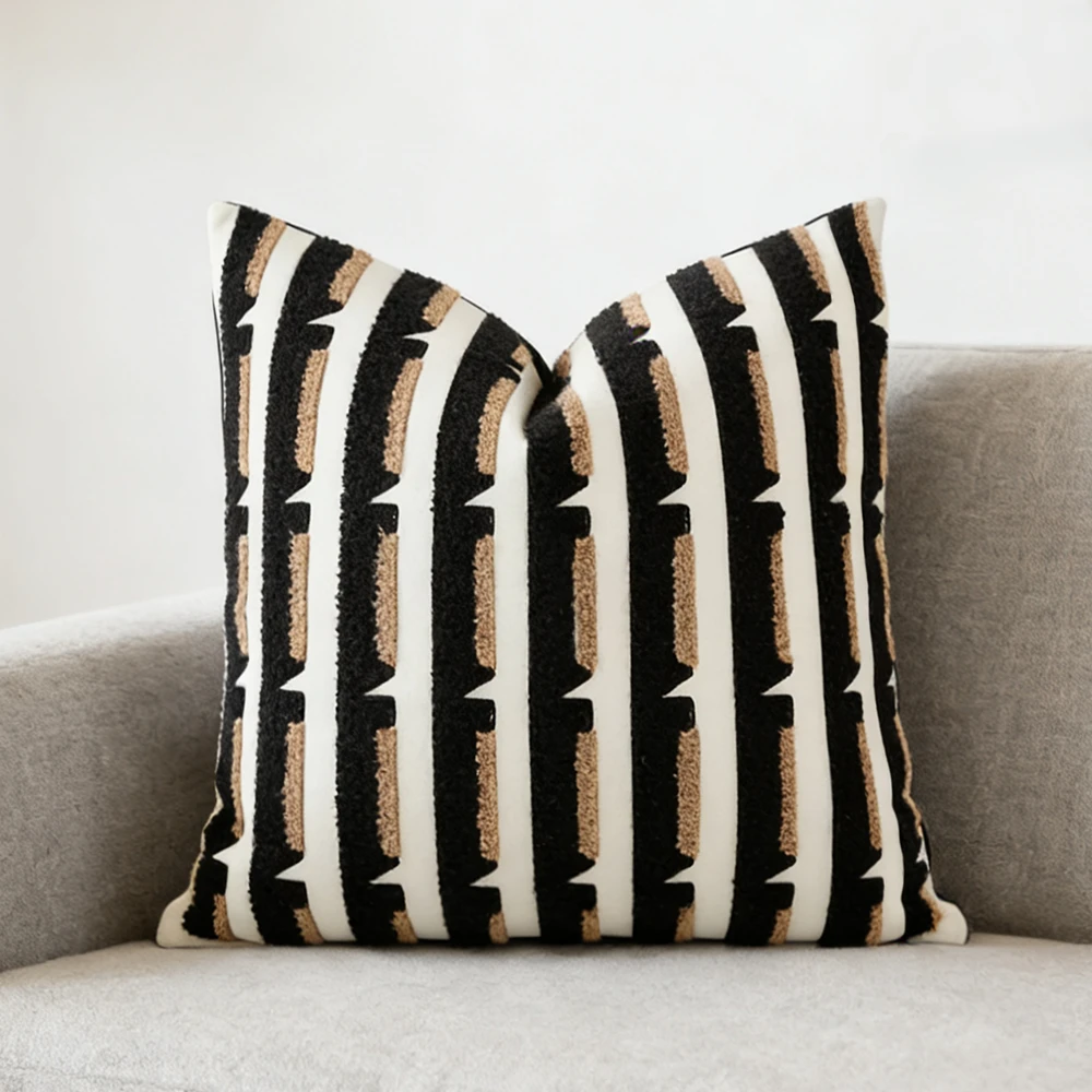 Vintage Striped Embroidery Black White Luxurious Sofa Decorative Pillows 45x45cm Velvet Chair Cushion Cover 1 Piece Pack