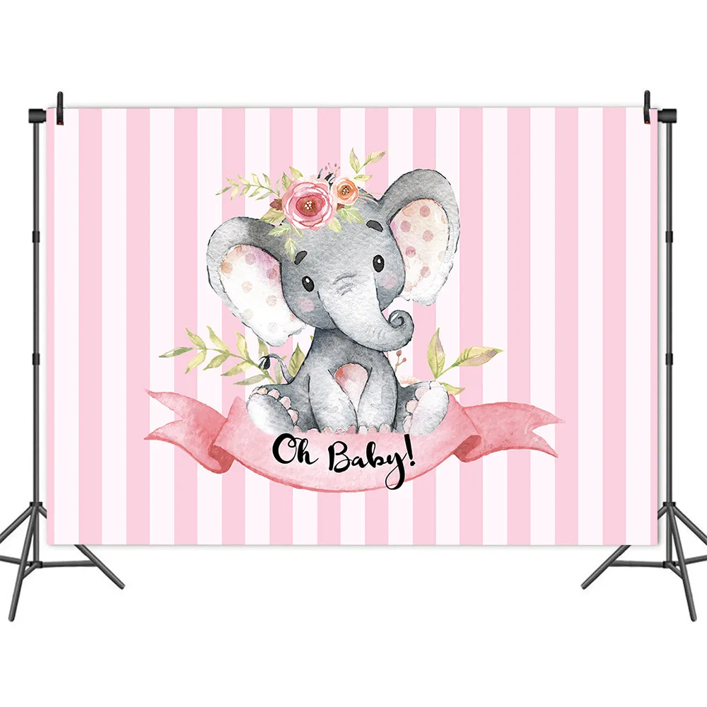 

Cartoon Elephant Oh Baby Party Backdrop for Baby Shower Decorations Pink Stripe Photography Props Background for Kids Party