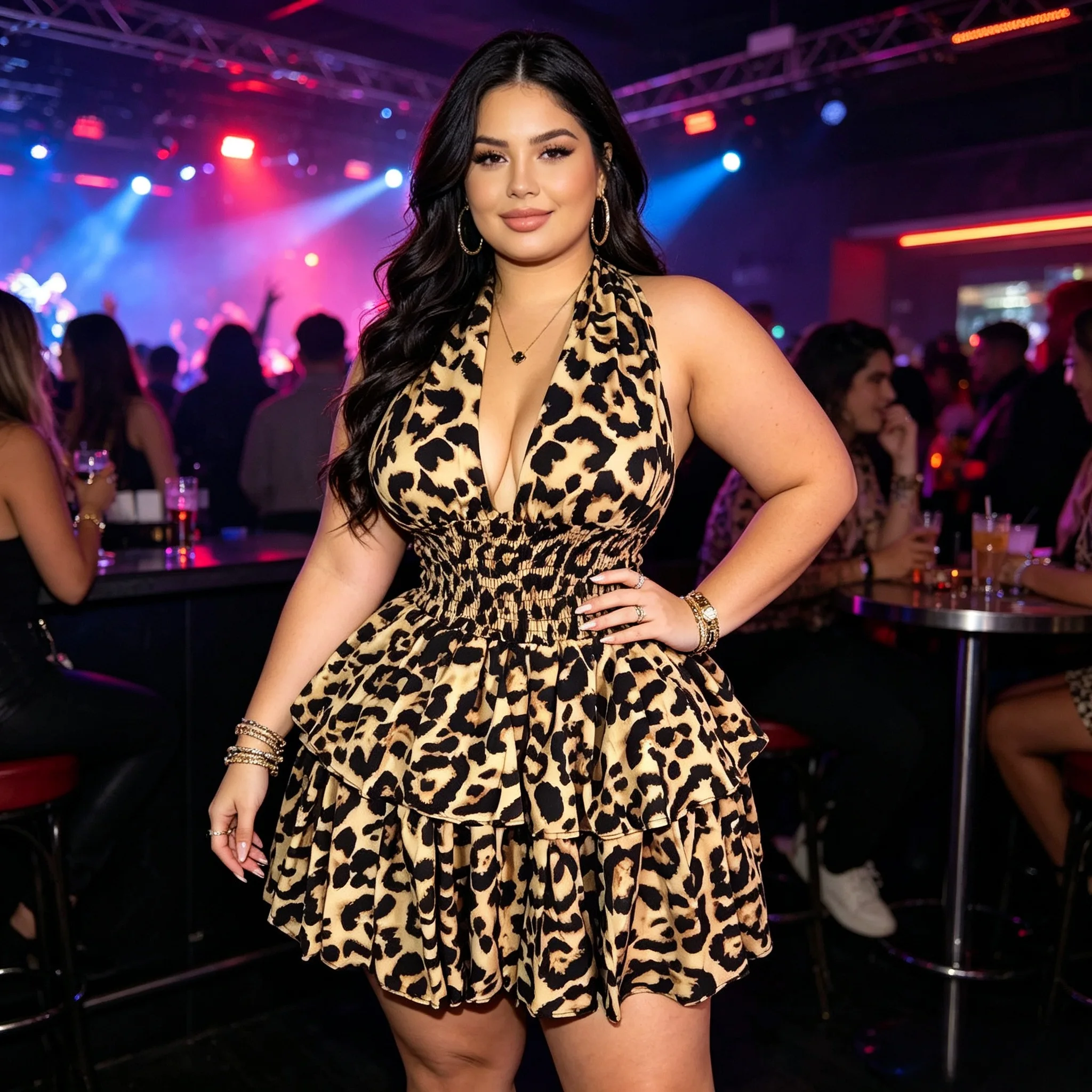 Leopard Halter Dress shown from another angle with empire waist and bold party styling