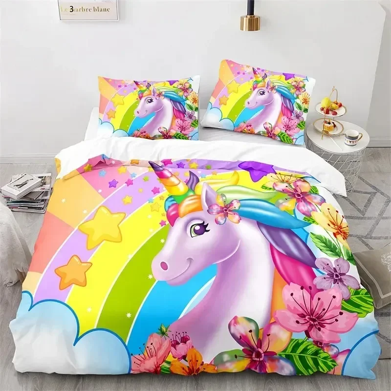 Exquisite Cartoon Unicorn Duvet Cover Floral Rainbow Quilt Cover Microfiber 3D Girl's Eyelash Bedding Set Full For Kids Teen Kaw