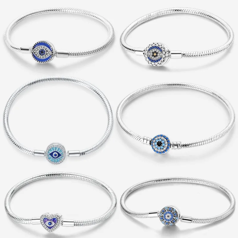 Nueva venta caliente original 925 plata azul ojo mágico, pulsera de hueso de serpiente del océano, pulsera adecuada para joyería DIY Pan