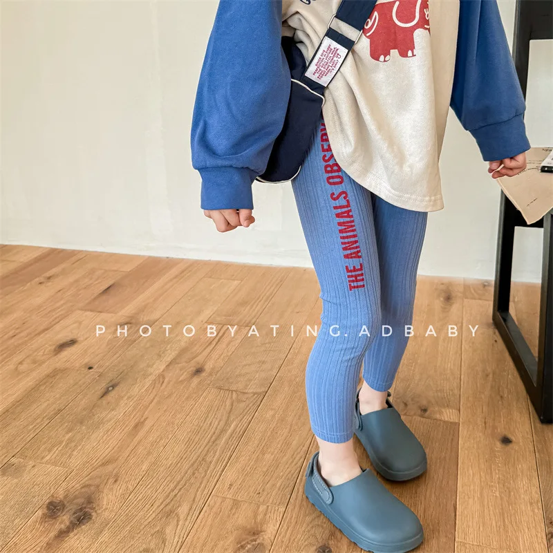 Spring New Children Trousers Baby Girl Letter Print Ribbed Leggings Cotton Toddler Versatile Casual Pants Kids Clothes