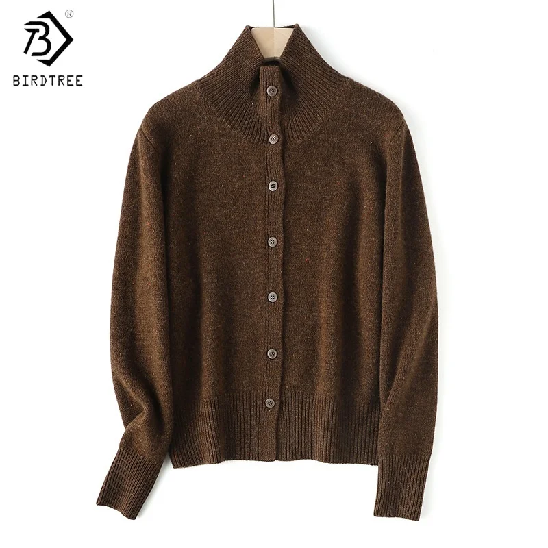 

Birdtree, вязаный кардиган из 100% овечьей шерсти, женский однобортный свитер с воротником, осенне-зимнее пальто 2025, фиолетовый, черныйT5O027JF