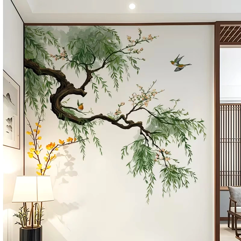 1PC Willow Tree Wall Sticker, Minimalist Chinese Style Branch Bird Decal, Removable Self Adhesive Zen Home Decor for Entryway