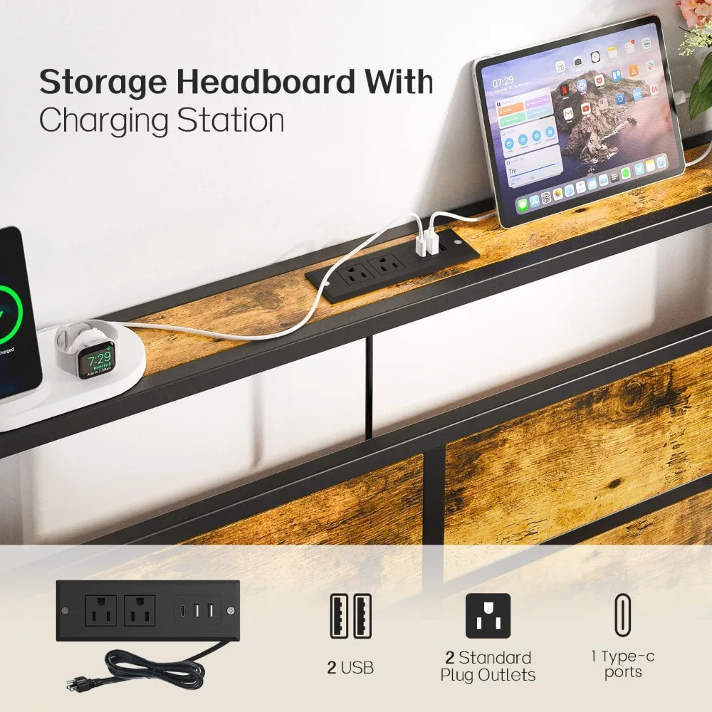 إطار سرير معدني مع منافذ USB، وحدة تخزين اللوح الأمامي، وإضاءة LED، وتصميم صامت، وزنبرك صندوقي غير مطلوب #4