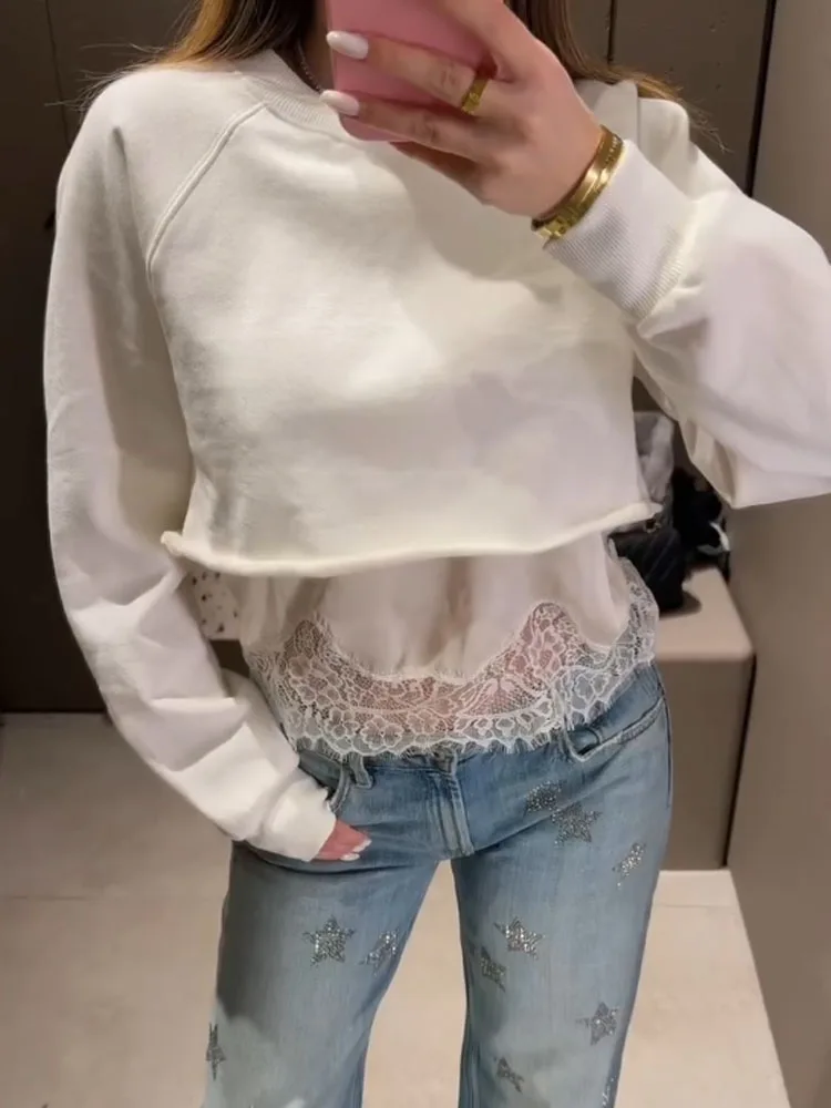 HH 2026 New Fashion Woman O-Neck Solid Commuting Top Women's Lace Splicing Long Sleeves Casual Slim Short Sweatshirt Mujer