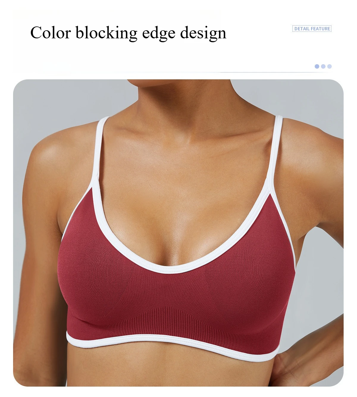 Nahtloser Damen-Sport-BH mit Farbblockdesign, Outdoor-Fitness-Kurztop, sexy rückenfreier Strick-BH mit Brustpolster und Trägern für den Sommer – Detail 4