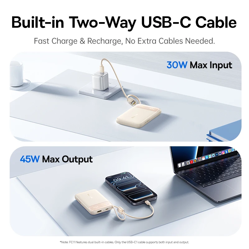 Baseus 45W Power Bank 10000mAh 20000mAh Wbudowany podwójny kabel USB-C Szybkie ładowanie dla iPhone 17 16 Pro Max Samsung S25 Xiaomi Poco — zdjęcie produktu 6