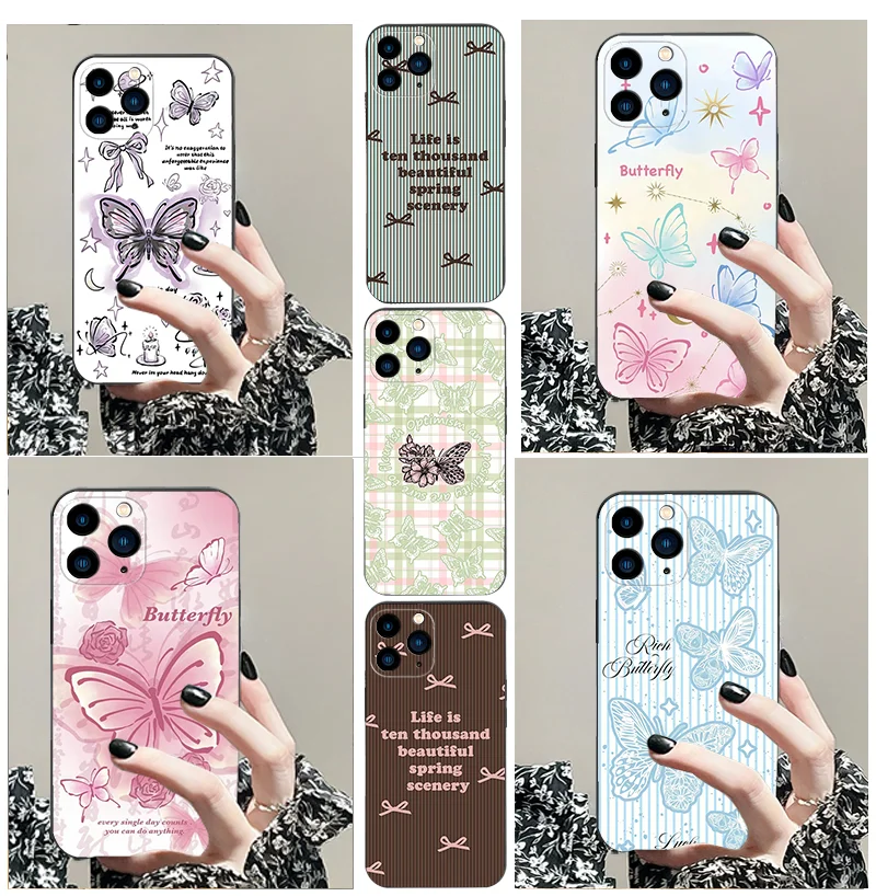 

for iPhone 16 Pro X XS MAX 12 13 Mini 14 15 11 XR 7 G 8 Plus TPU Black Soft Phone Case Pink Butterfly Thin style Phone cover