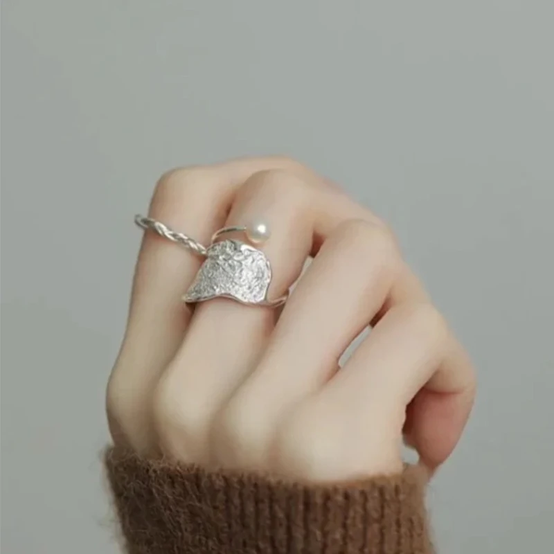 Foxanry Silver Color Texture Geometric Pearl Rings For Women Girls Sweet Personality Trendy Elegant Wedding Bride Jewelry Gifts