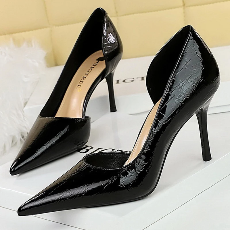 BIGTREE buty damskie 8 Cm lakierowane skórzany Design damskie czółenka ze szpiczastymi bokami w stylu Retro na wysokich obcasach Sexy imprezowe buty