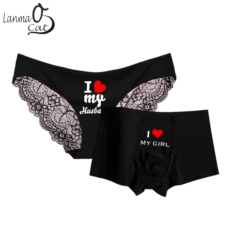 Sexy Lace Female Briefs Bikini Smooth Ice-silk Male Boxer Shorts Romantic Lovers Man and Woman Matching Couple Underwear Fashion