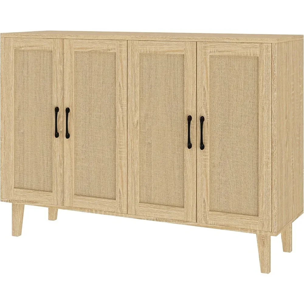 Buffet Storage Cabinet with Rattan Decorating 4 Doors Living Room Kitchen Sideboard 48.43 X 34.65 X 15 Inch (Natural Wood)