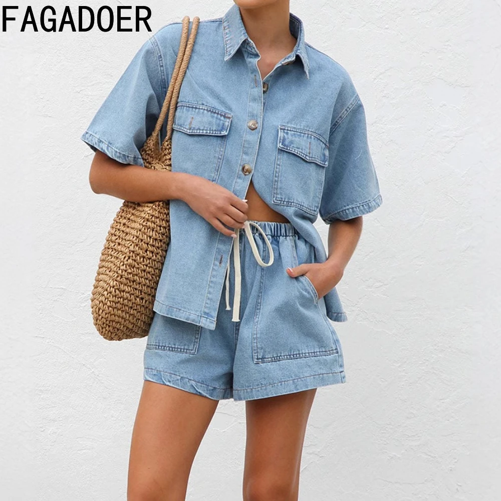FAGADOER Summer New Denim Drawstring Shorts Two Piece Sets Women Lapel Button Shirts And Pocket Jean Shorts Outfits Streetwear