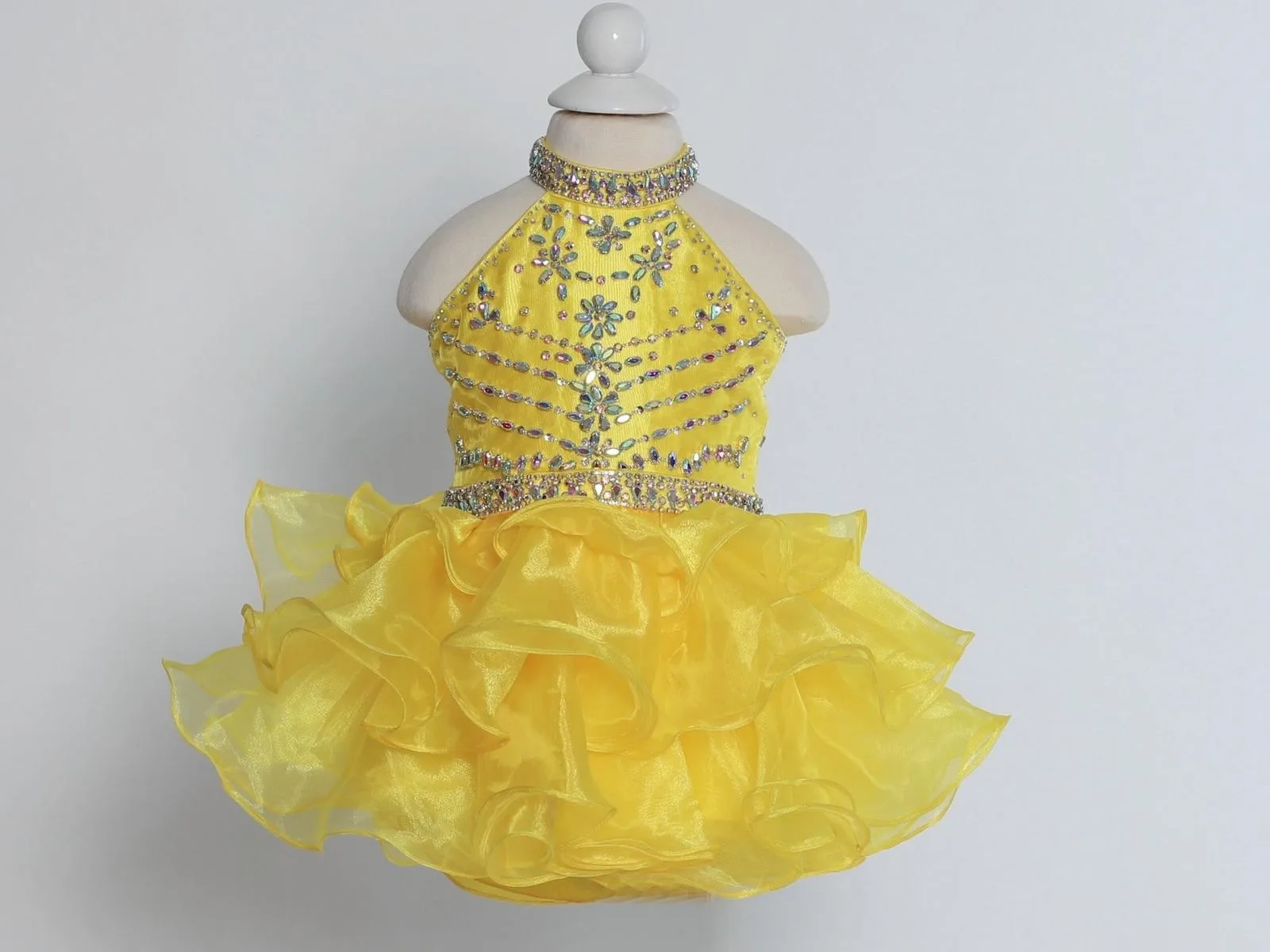 Gold Girls Pageant Dresses Ball Gown Halter Short Mini Organza Ruffled Beaded Flower Girl Dresses For Weddings Little Baby Kids