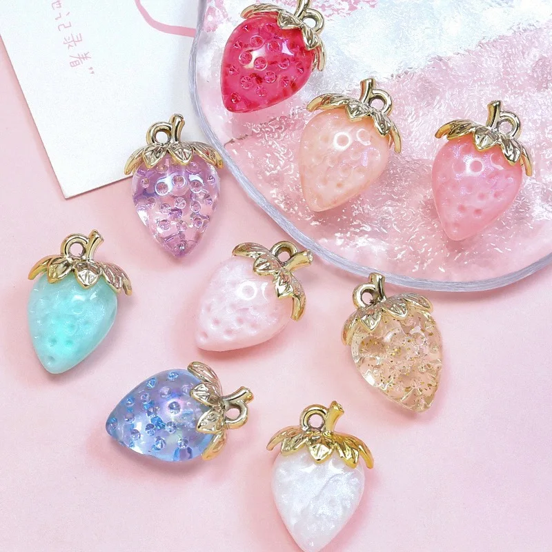 Summer style 30pcs/lot color print 3D cartoon strawberry shape resin beads charms diy jewelry garment/keychain pendant accessory