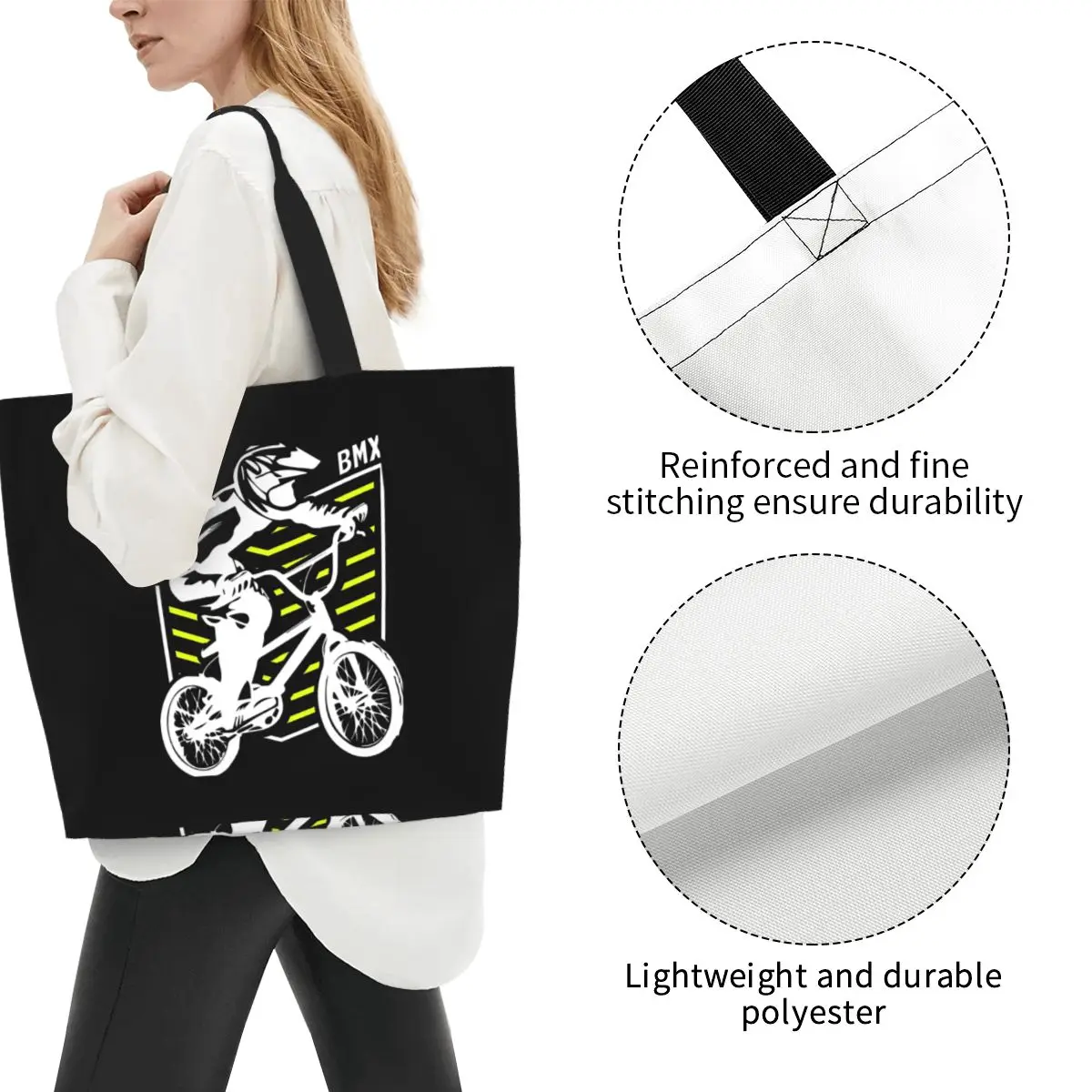 Bmx Apparel Retro Bmx Bike Old School Patch Shopping Tote Bag Canvas Large Capacity Shoulder Bags Shopper Grocery Handbag