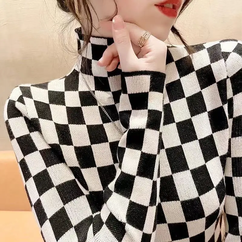 Half high neck slim fit base sweater for women, 2024 autumn and winter new checkerboard knit sweater, sweater inner layer