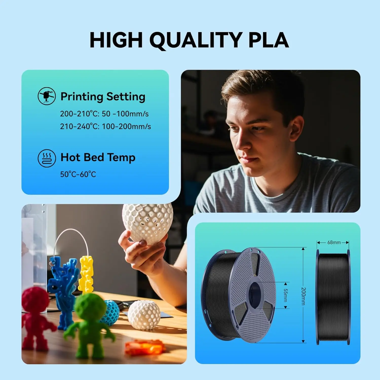 SUNLU PLA / High Speed PLA / PLA + 2.0 10KG im Bündel 1,75mm 1KG, extrem robust 2-3X stärker, Hochgeschwindigkeits-3D-Druckfilament – Detail 13
