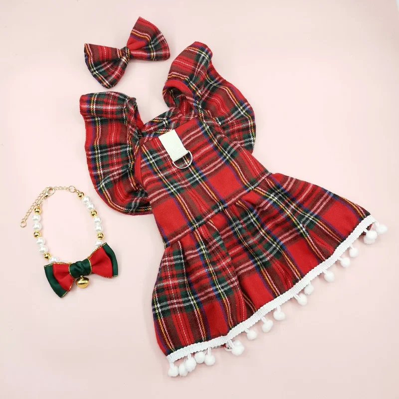 

Christmas Dog Dresses Strap Autumn Winter Dog Clothing Skirt Cat Pet Clothing Cosplay Christmas Checker Clothes For Small Dog